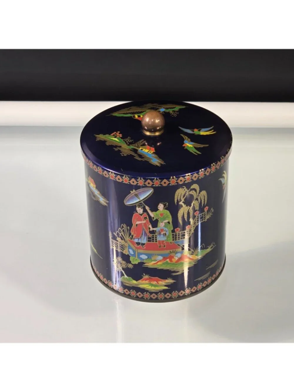 Vintage Daher Design Candy Biscuit Tin Made in England Navy Blue Asian Themed